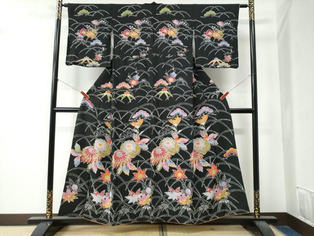 Kimono - 平和屋着物●訪問着　型染め　芝草松竹梅花文　黒地　正絹　逸品　CAAZ3567yc