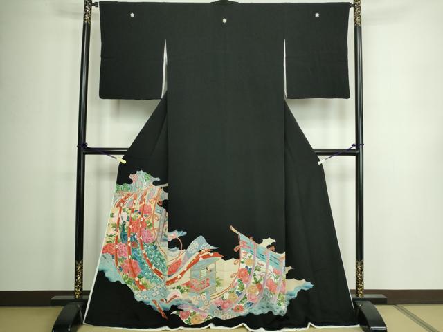 平和屋着物■豪華黒留袖 孔雀花文 金彩 ロング丈 正絹 逸品 DAAZ9913sf