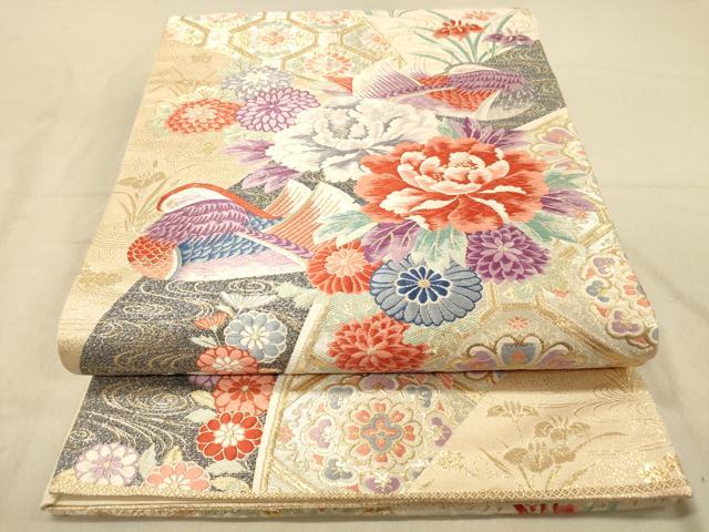 平和屋着物◎六通柄袋帯　唐織　蜀江青海花鳥文　金糸　正絹　逸品　DABA2070jm