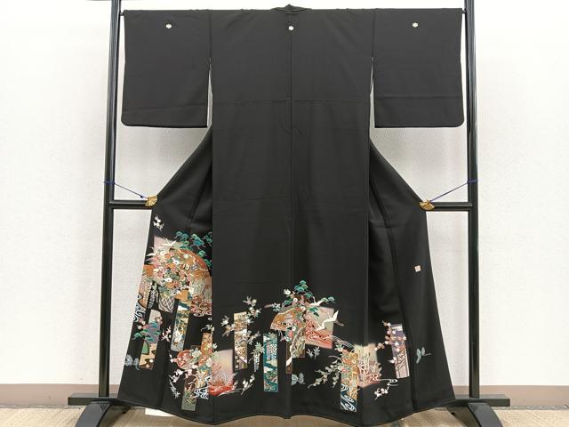 平和屋着物■豪華黒留袖 作家物 駒刺繍 宝尽くし 流水檜扇短冊花鳥文 金彩 正絹 逸品 BAAR0340jr