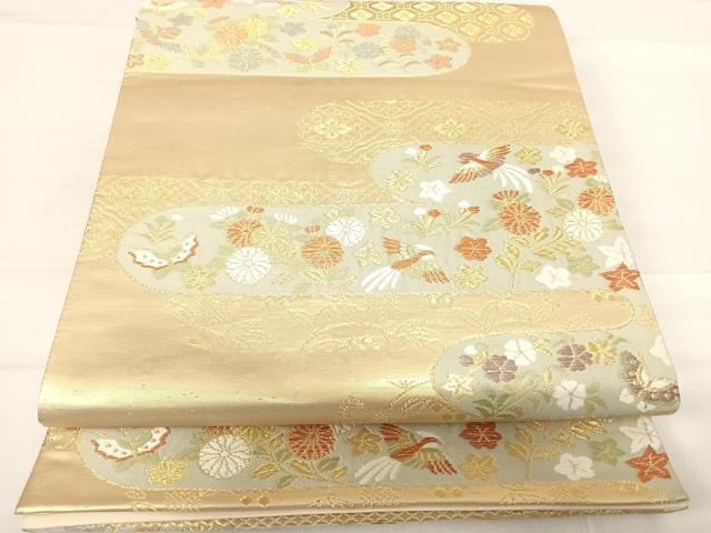平和屋着物◎六通柄袋帯　唐織　エ霞舞蝶花鳥文　金糸　正絹　逸品　AABD5745yx