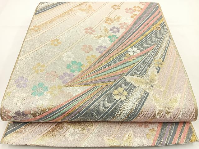 平和屋着物◎六通柄袋帯　舞蝶花文　金銀糸　正絹　逸品　BAAR9712cm
