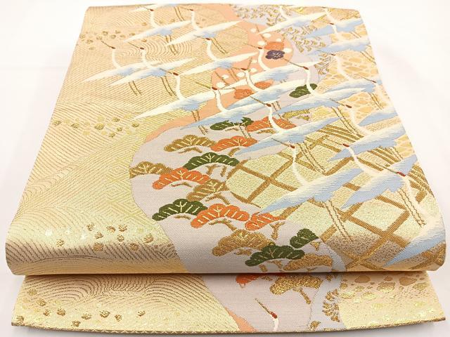 平和屋着物◎六通柄袋帯 唐織 群鶴 金糸 正絹 逸品 BAAR9717cm