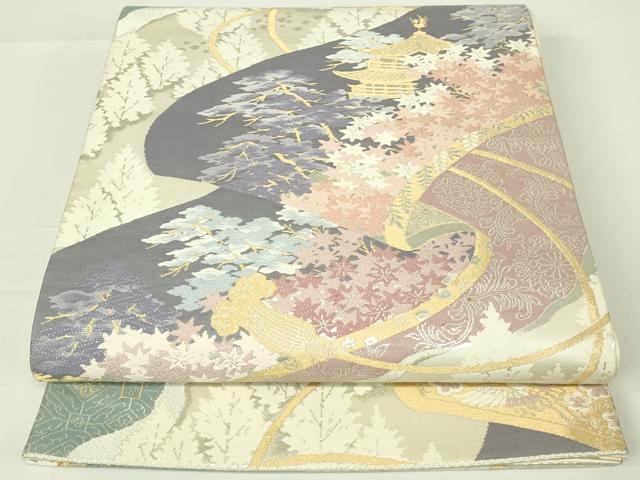 乐天商城 - 平和屋着物◎六通柄袋帯　唐織　吉祥萬代　絵巻風景花松文　金銀糸　正絹　逸品　DAAT8085qp