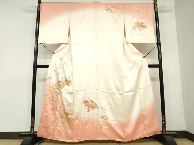 平和屋着物●訪問着　刺繍　扇面草花文　暈し染め　金彩　正絹　逸品　DAAZ7015ud