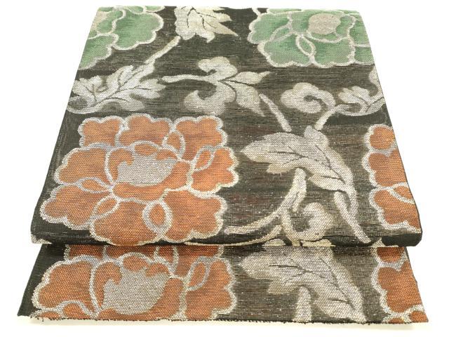 平和屋着物＊夏物　六通柄　本袋帯　牡丹唐草文　黒地　銀糸　正絹　逸品　DABA0698cm