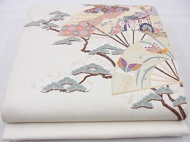平和屋着物◎西陣　小寺織物　太鼓柄袋帯　唐織　綴れ　老松桜扇面散らし　金銀糸　逸品　BAAG4504th