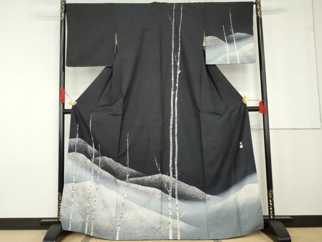 平和屋着物●石川県指定無形文化財 牛首紬 白山工房 手織り 現代の名工 京友禅 村田道宣 訪問着 重ね山枝木文 黒地 正絹 逸品 AABG2698cs