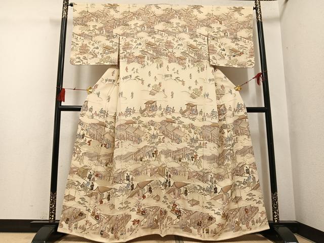 平和屋着物●訪問着　中国三大刺繍　スワトウ刺繍　汕頭刺繍　人物風景文　金糸　正絹　逸品　未使用　AABG6524ph