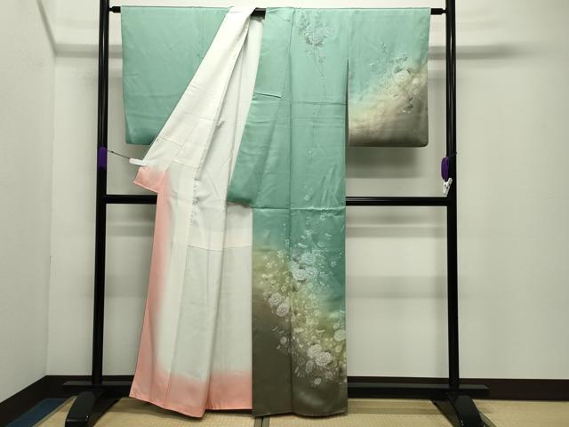 平和屋着物●訪問着　手描き　草花文　暈し染め　金銀彩　反端付き　正絹　逸品　CABD9070gh