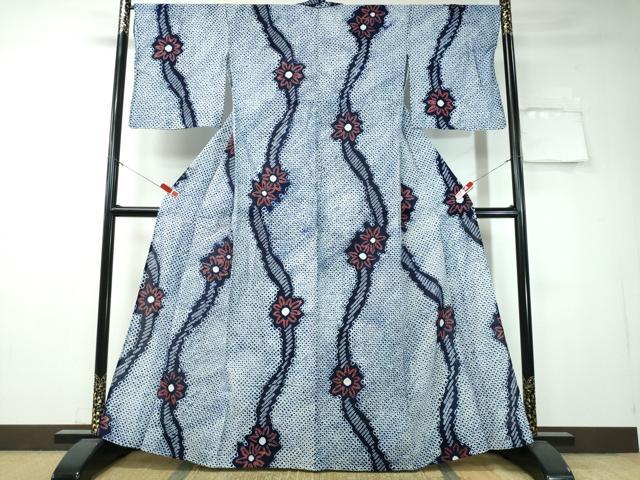 平和屋着物∴夏物　浴衣　有松鳴海絞り　よろけ縞舞花文　綿　逸品　CAAW1095ng