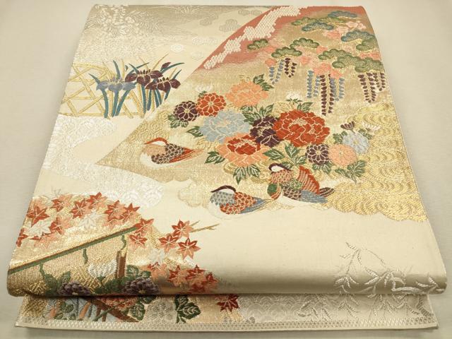 平和屋着物◎六通柄袋帯 九百錦 遠山鴛鴦草花文 プラチナ箔 正絹 逸品 CAAR3660ft