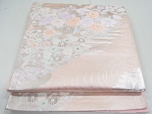 平和屋着物■六通柄袋帯　唐織　流水草花文　銀糸　逸品　nb0847