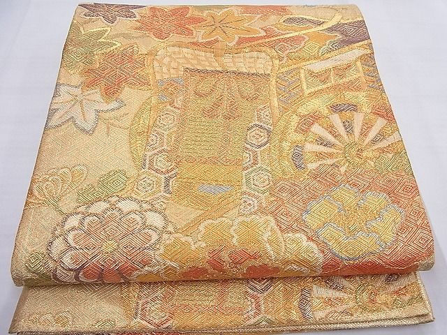 平和屋着物◎佐賀錦　六通柄袋帯　御所車花文　金糸　逸品　BAAF7622ea　