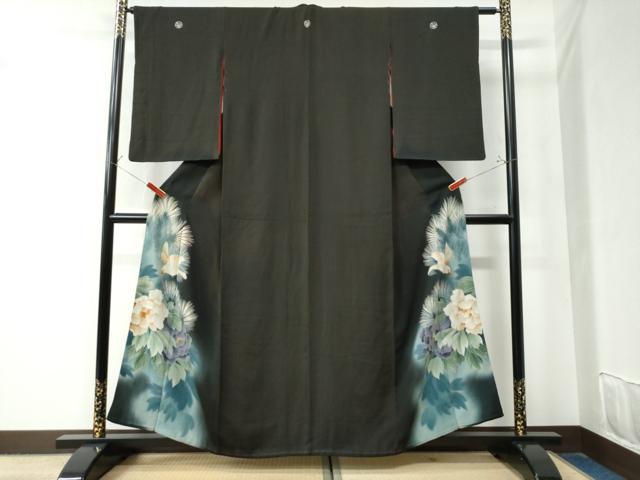 平和屋着物●アンティーク 大正ロマン 黒留袖 刺繍 牡丹 鳥 松葉 暈し染め 正絹 逸品 CAAZ2995yc