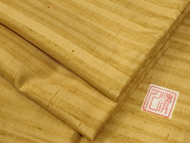 平和屋着物●人間国宝 芹沢圭介一番弟子　下平清人　紬　霞文　黄朽葉色　正絹　逸品　CABE3050yc
