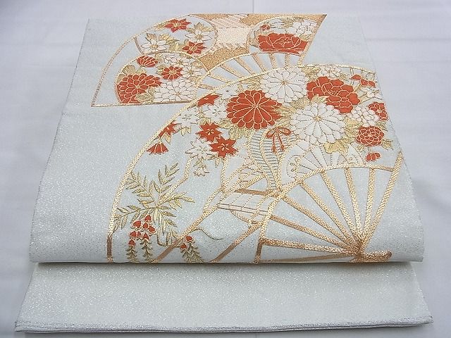 平和屋着物◎太鼓柄袋帯　駒刺繍　扇面花車文　金銀糸　逸品　BAAF9380du