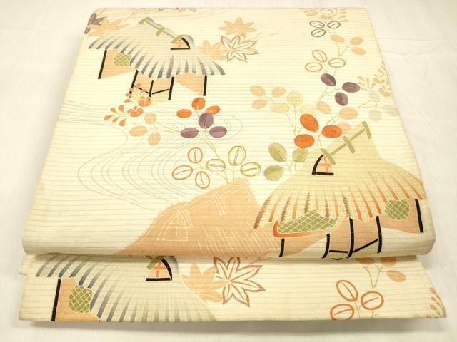 平和屋着物＊夏物 アンティーク 大正ロマン 両面 全通柄 京袋帯 駒刺繍 風景文 蜻蛉草葉文 正絹 逸品 DABE6052cm