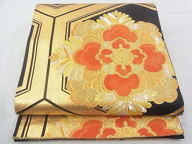 平和屋着物◎六通柄袋帯 唐織 花亀甲文 黒地 金銀糸 逸品 BAAF4295xa
