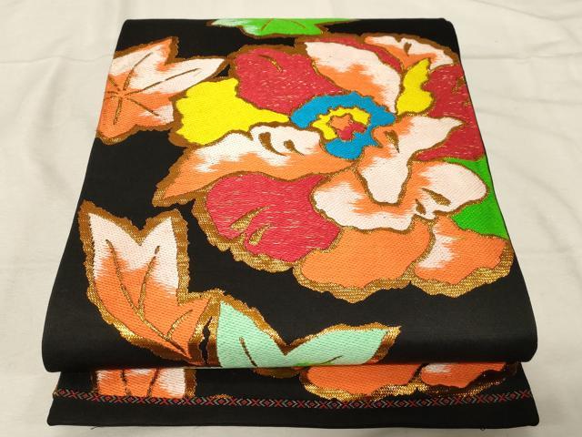 平和屋着物●六通柄袋帯　唐織　草花文　黒地　金糸　正絹　逸品　CABD4253dy