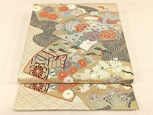 平和屋着物◎六通柄袋帯 唐織 地紙重ね孔雀花文 金糸 正絹 逸品 AAAJ3124Bsw 平和屋着物◎六通柄袋帯 唐織 地紙重ね孔雀花文 金糸 正絹 逸品 AAAJ3124Bsw