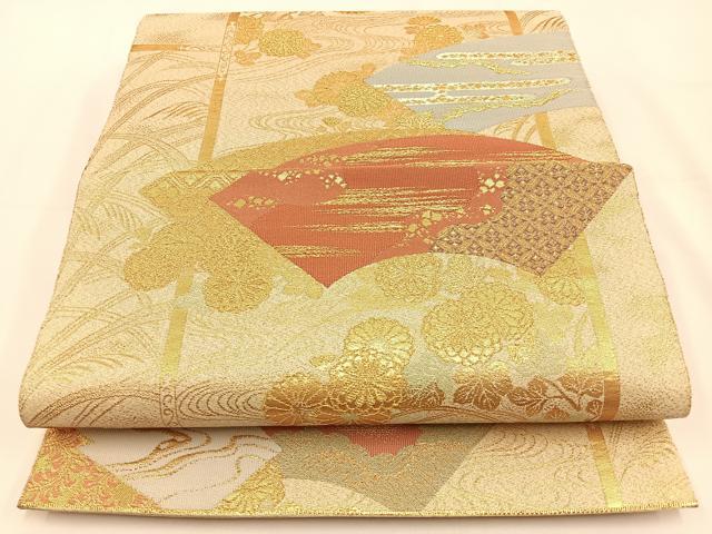 平和屋着物◎六通柄袋帯 刻絑織 地紙花文 金糸 金通し地 正絹 逸品 BAAV2785hj