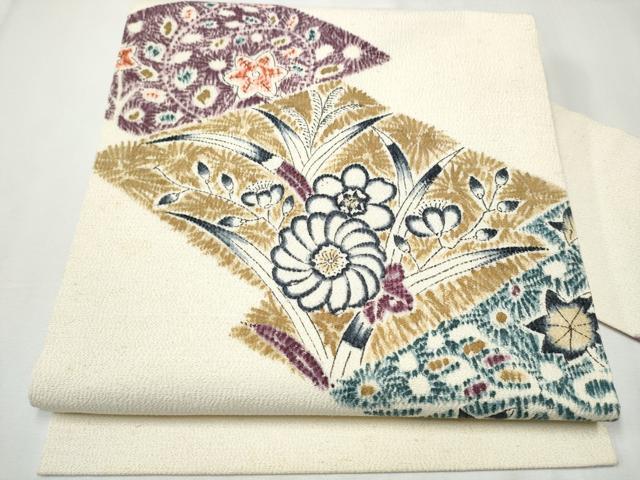 平和屋着物●九寸名古屋帯 型染め 草花文 三越扱い 正絹 逸品 CAAZ4354hy