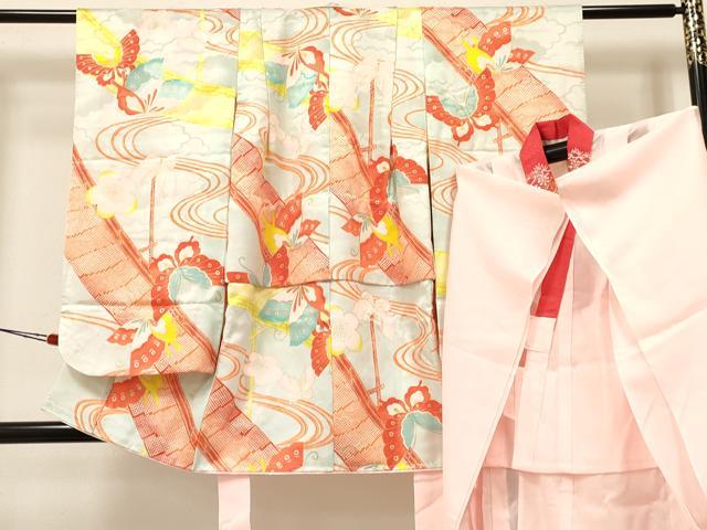 Kimono （For Girls） - 平和屋着物[]七五三　女の子　3歳　祝着　三つ身　長襦袢(単衣・半衿刺繍)セット　流水花蝶文　金彩　洗える着物　DAAY3154ma