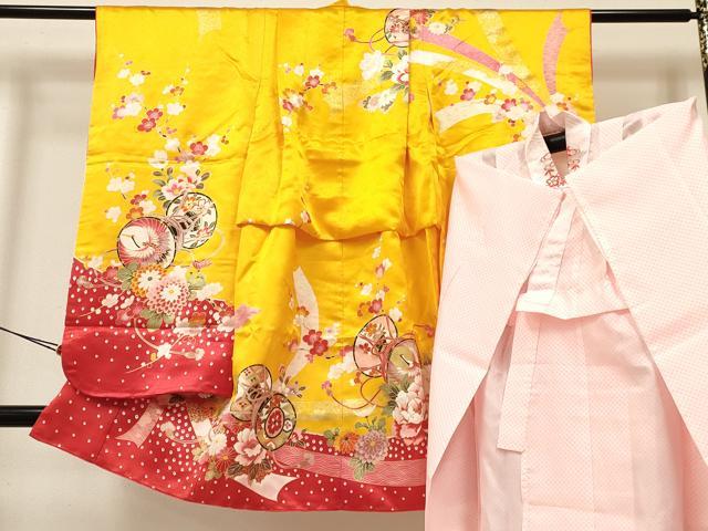 平和屋着物[]七五三　女の子　3歳　祝着　三つ身　長襦袢(単衣・半衿刺繍)セット　熨斗鼓飛鶴花文　金彩　逸品　DAAY3155ma