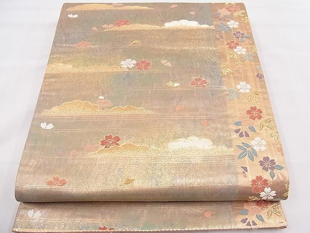 平和屋着物◎西陣　舞鶴謹製　六通柄袋帯　唐織　日本の文様　桜花図紋　金糸　逸品　BAAE0137hz　