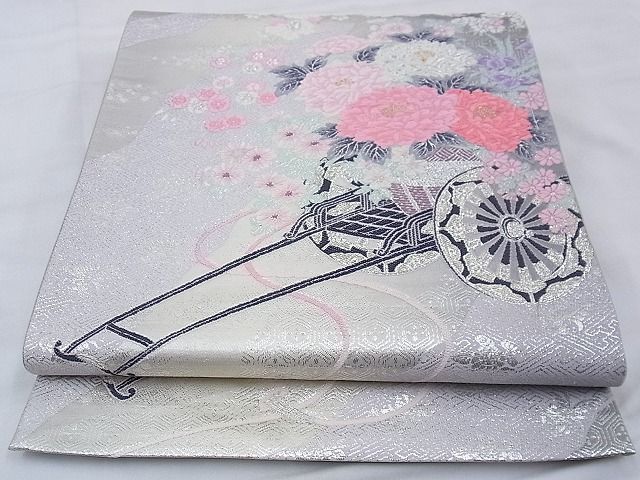 平和屋着物◎六通柄袋帯 唐織 名苑所花車 金銀糸 逸品 BAAE2599ph