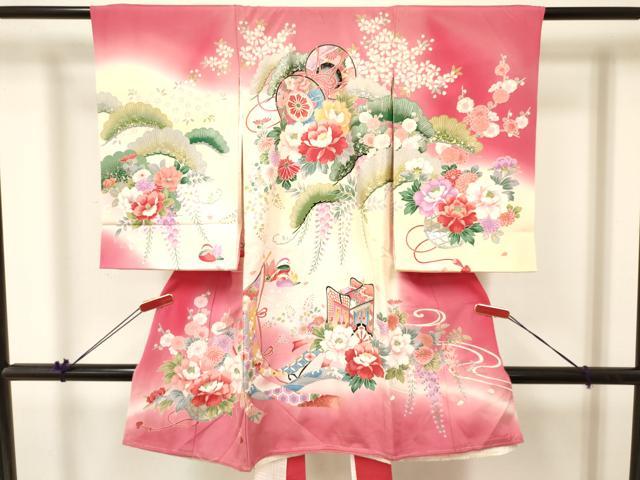 平和屋着物[]お宮参り　女の子　祝着　産着　初着　のしめ　几帳御所車鴛鴦鼓花文　暈し染め　金銀彩　逸