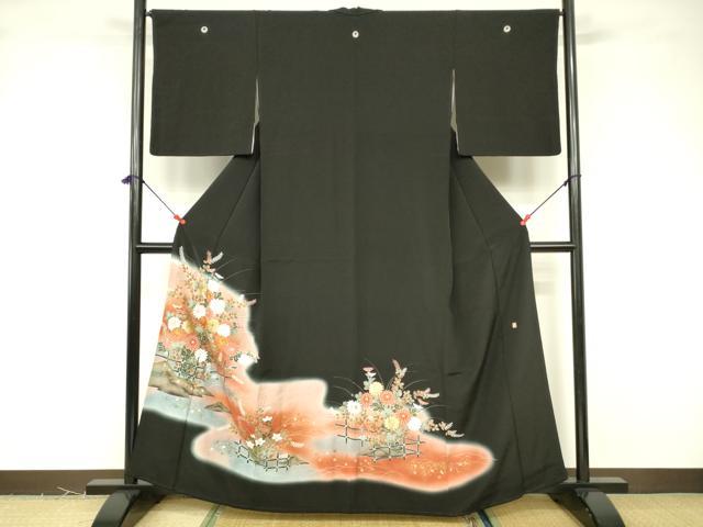 乐天商城 - 平和屋着物■豪華黒留袖　作家物　駒刺繍　草花文　暈し染め　金彩　正絹　逸品　DABB3765cm