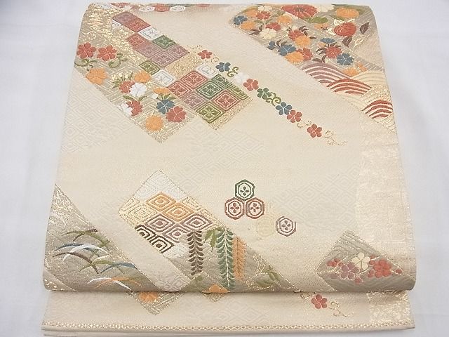 平和屋着物◎六通柄袋帯　唐織　短冊吉祥花文　金糸　逸品　BAAE6810fk
