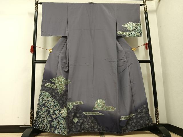 平和屋着物●訪問着　更紗花鳥文　暈し染め　銀彩　正絹　逸品　未使用　AABG9549ph