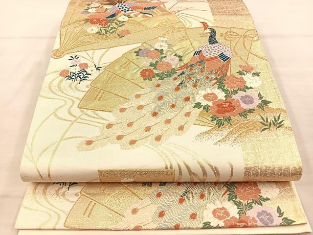 平和屋着物◎六通柄袋帯　唐織　短冊花鳥文　金糸　正絹　逸品　BAAS6168fc