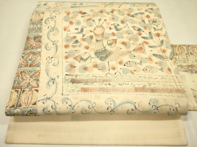 平和屋着物●塩瀬　九寸名古屋帯　手描き　花鳥文　正絹　逸品　DAAZ2408op