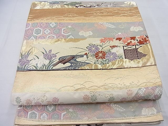 平和屋着物◎六通柄袋帯　唐織り　横段吉祥草花文　金糸　逸品　BAAE2797ea