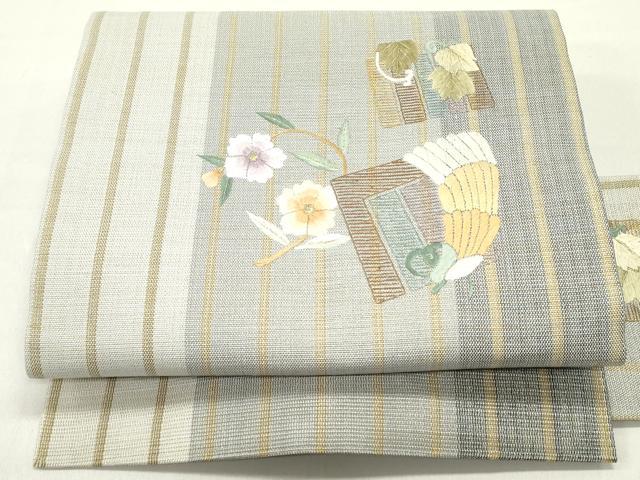 平和屋着物▽九寸名古屋帯 スリーシーズン 春夏秋 総刺繍 源氏香草花文 金通し地 正絹 逸品 DAAZ3422ob