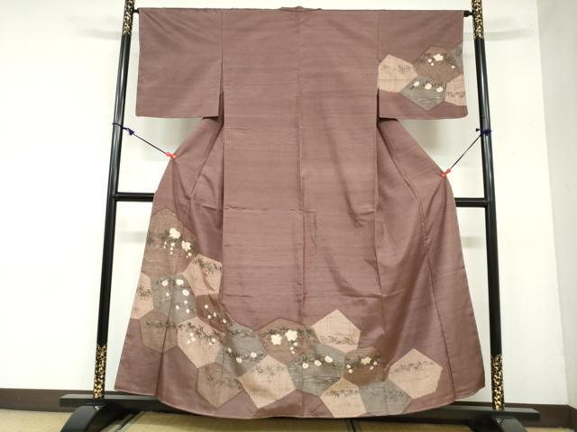 平和屋着物●訪問着　紬地　絞り　切嵌草花文　金銀彩　正絹　逸品　未使用　DAAZ7055ud