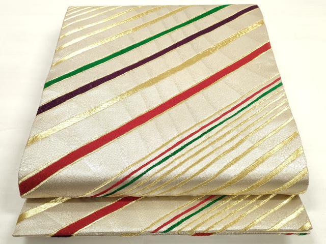 平和屋着物◎六通柄袋帯　斜縞　金銀糸　正絹　逸品　DABC5812xg
