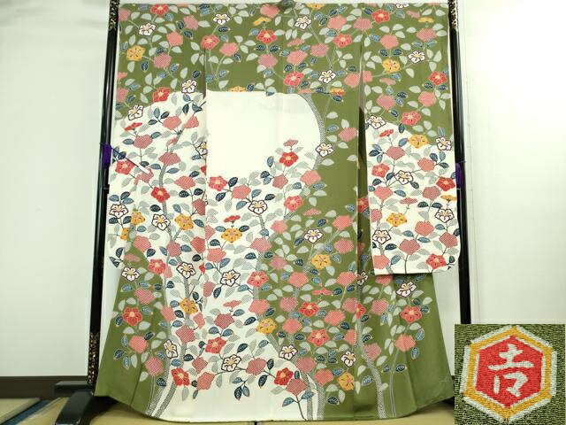 平和屋本店●極上 和染紅型 栗山紅型 栗山吉三郎 振袖 椿 鬼しぼ縮緬 逸品 DZAB3072kh6