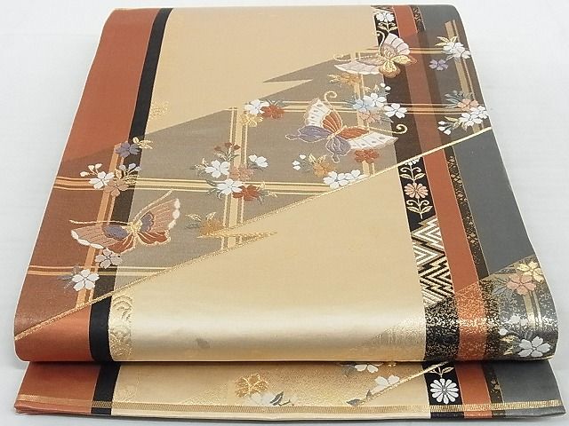 平和屋着物◎全通柄袋帯 花蝶文 金糸 正絹 逸品 AAAJ5455Ajz