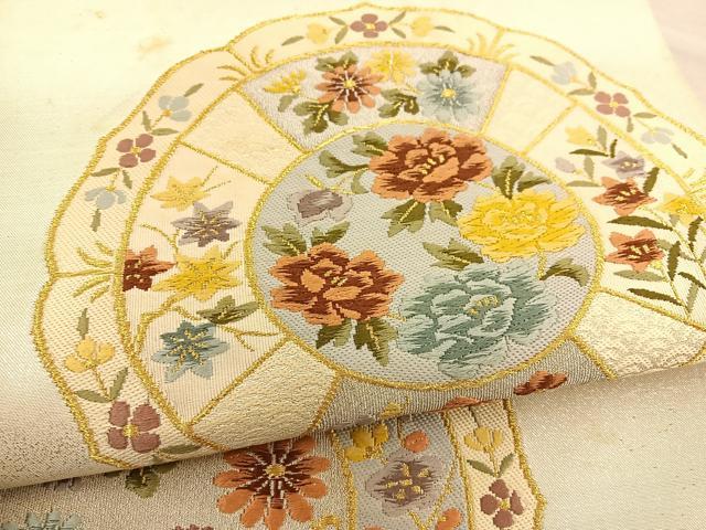 平和屋着物◎六通柄袋帯　唐織　花絵皿　金銀糸　正絹　逸品　BAAT5631xa