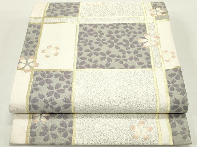 平和屋着物●六通柄袋帯　唐織　舞桜間道　変わり市松　金糸　正絹　逸品　DAAY0249ob