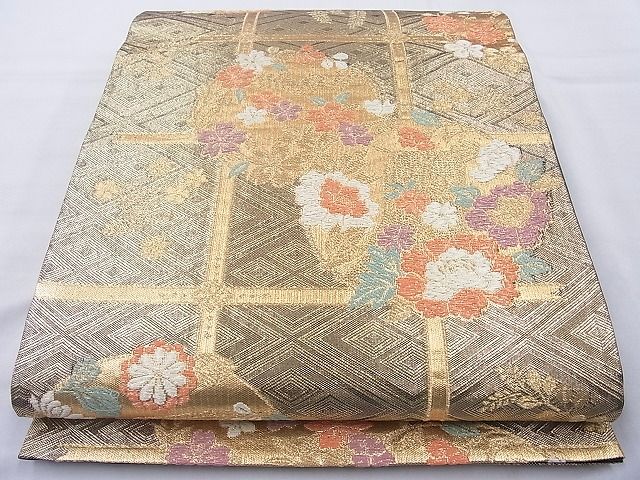 平和屋着物◎六通柄袋帯　格天井花丸文　金糸　逸品　BAAJ0970cm