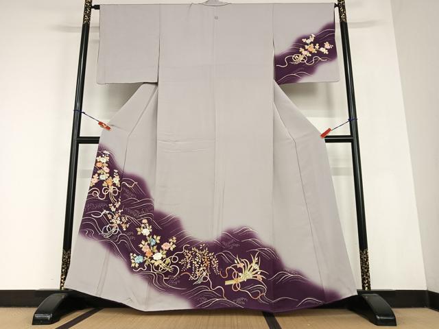 平和屋着物●訪問着　友禅　刺繍　立波花文　暈し染め　金糸　正絹　逸品　AABC4949zg