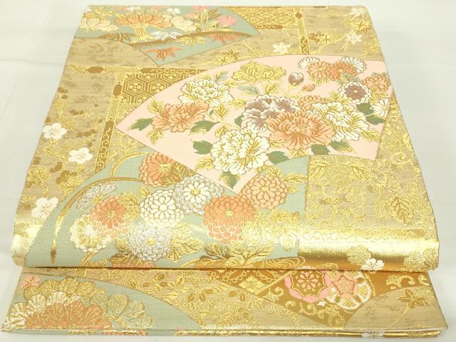 平和屋着物◎六通柄袋帯　唐織　扇面花文様　金糸　正絹　逸品　DAAT8469qp