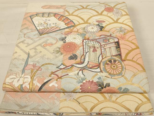 平和屋着物◎綴れ　太鼓柄袋帯　中国三大刺繍　相良刺繍　御所車花文　金糸　銀通し地　正絹　逸品　AABB1659dt