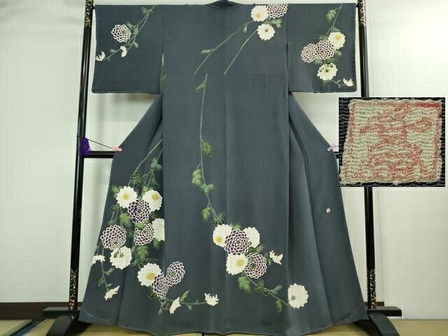 Kimono - 平和屋本店●超希少　東京友禅　久呂田明功　訪問着　菊　褐色地　金彩　鬼しぼ縮緬　逸品　未使用　DZAB3073kh6